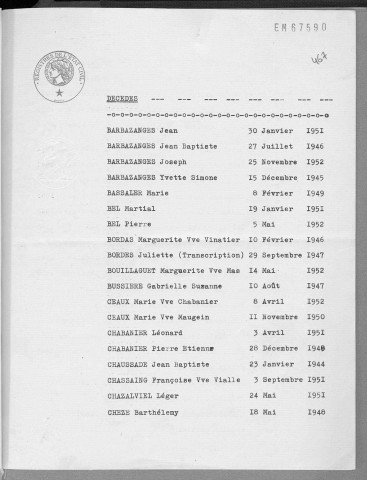 Tables décennales des naissances (1943-1952)