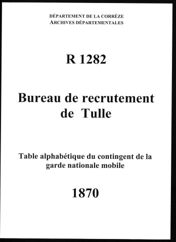 Classe 1870 : table alphabétique du contingent de la garde nationale mobile.