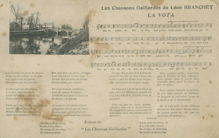 Folklore : "Les chansons gaillardes de Léon Branchet - La vota". Texte et partition en langue limousine, illustrés d'une vue de Brive-la-Gaillarde.