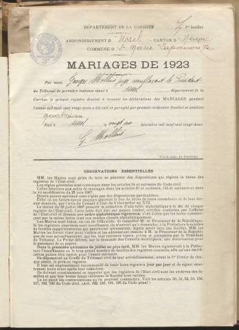 Naissances, mariages, décès (1923-1932).