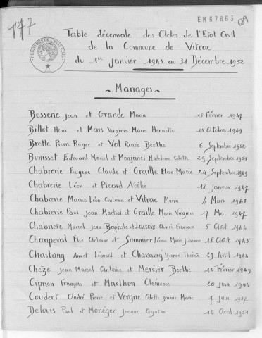 Tables décennales des mariages (1943-1952)