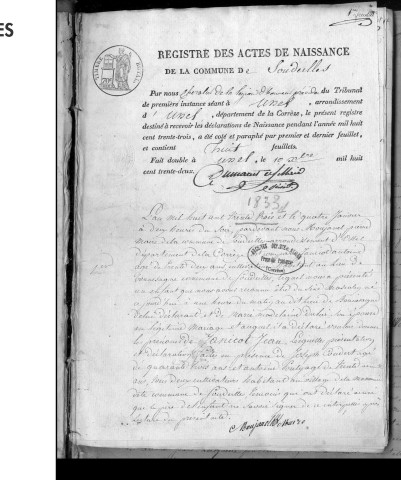 Naissances, mariages, décès (1833-1842)