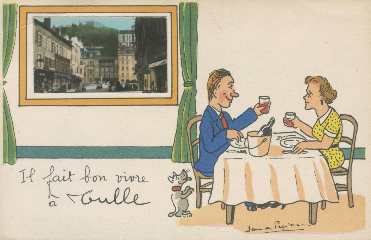 Tulle : "Il fait bon vivre à Tulle". Couple attablé buvant du vin.