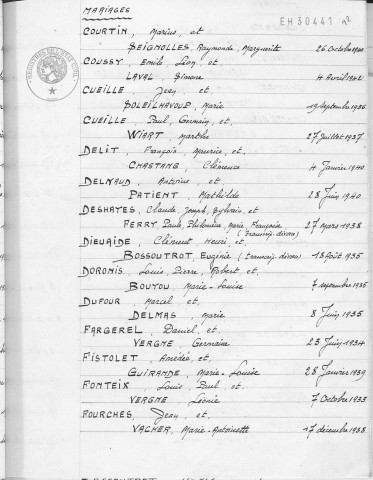 Tables décennales des mariages (1933-1942)