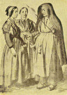 Trois femmes, dont une filant la quenouille.