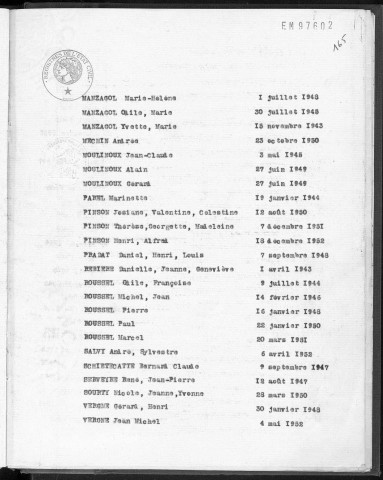 Tables décennales des naissances (1943-1952)
