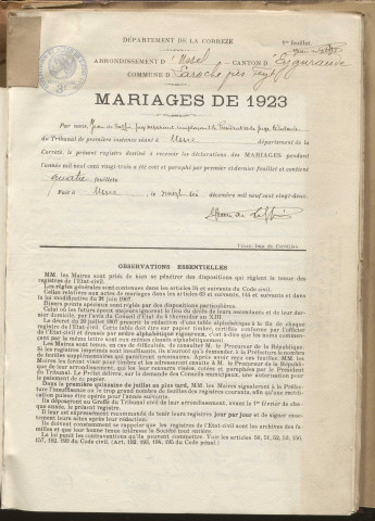 Naissances, mariages, décès (1923-1932).