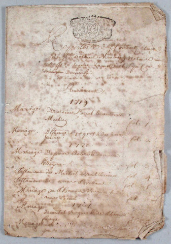 Répertoire chronologique : avril 1719-décembre 1761