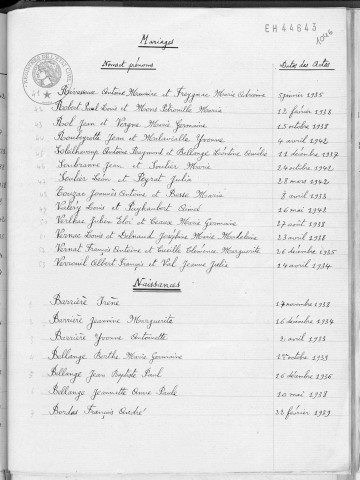 Tables décennales des mariages (1933-1942)