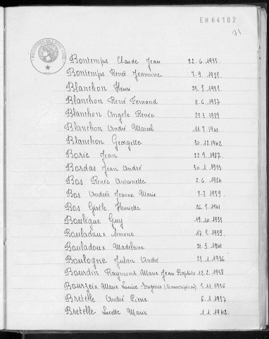 Tables décennales des naissances (1933-1942)