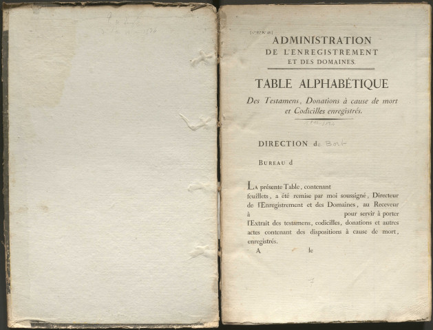 Table alphabétique des testaments, donations à cause de mort et codicilles enregistrés.