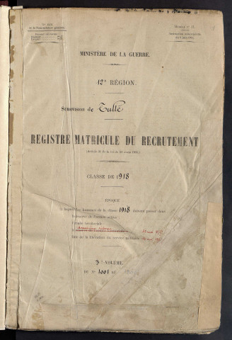 Classe 1918 : matricules 1001 à 1500.