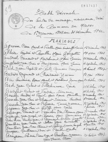 Tables décennales des mariages (1943-1952)