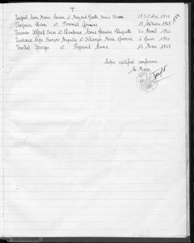 Tables décennales des mariages (1943-1952)