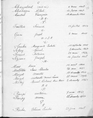 Tables décennales des naissances (1943-1952)