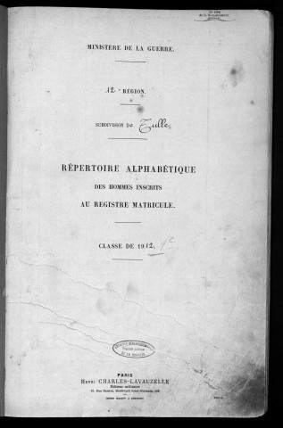 Classe 1912 : table alphabétique.
