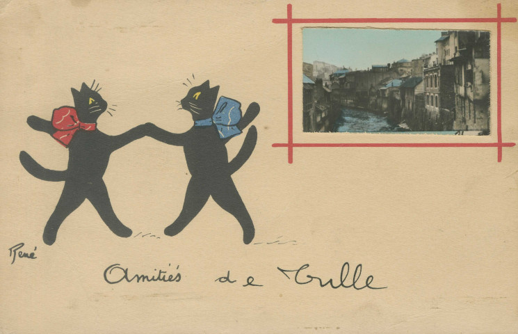 Tulle : "Amitiés de Tulle". Vue des berges de la Corrèze et dessin de chats.