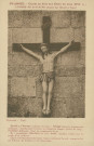 Saint-Angel : "St-ANGEL - Christ en bois sur croix en bois (XVIe s.) - L'Homme de douleurs (chanté par David et Isaie) - Front et cheveux tachetés de sang : visage émacié à pommettes saillantes ; bouche entr'ouverte et, comme la langue, pleine de sang ; poitrine décharnée dont on compterait les os - Et ! singularité, blessure au côté droit, muscles tendus par le poids d'un cadavre. Quel réalisme impressionnant ! mais nullement brutal comme celui des Christs de Colmar et de Carlsruhe".