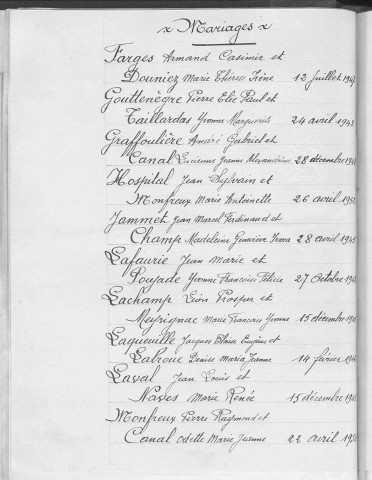 Tables décennales des mariages (1943-1952)