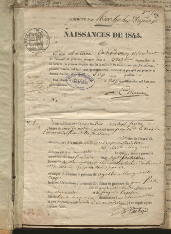 Naissances, mariages, décès (1843-1852)