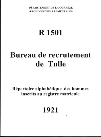 Classe 1921 : table alphabétique.