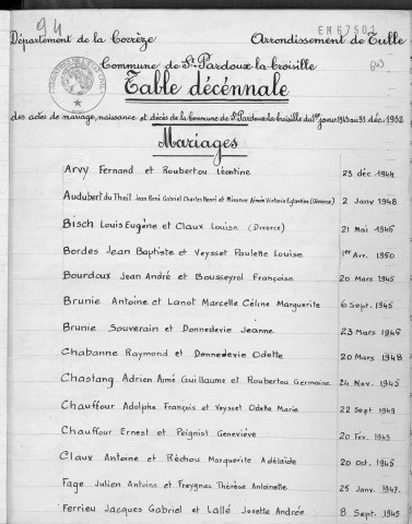 Tables décennales des mariages (1943-1952)