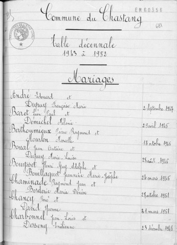 Tables décennales des mariages (1943-1952)