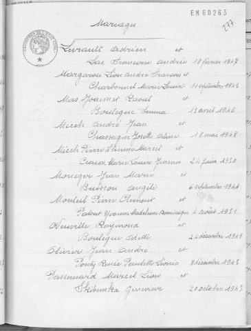 Tables décennales des mariages (1943-1952)