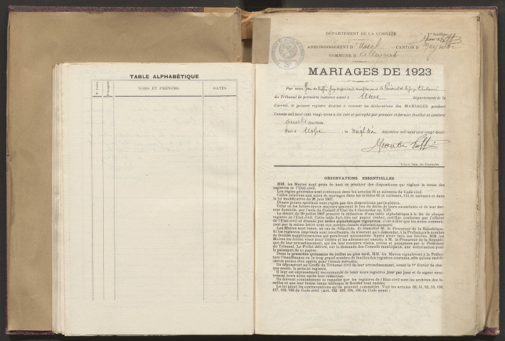 Naissances, mariages, décès (1923-1932).