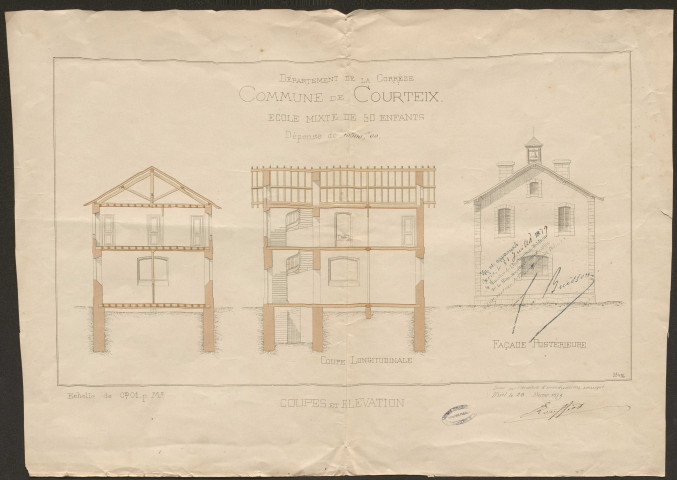 Édifices et travaux.- Maison d'école. Eglise. Presbytère. Cimetière ; concessions. Mairie.