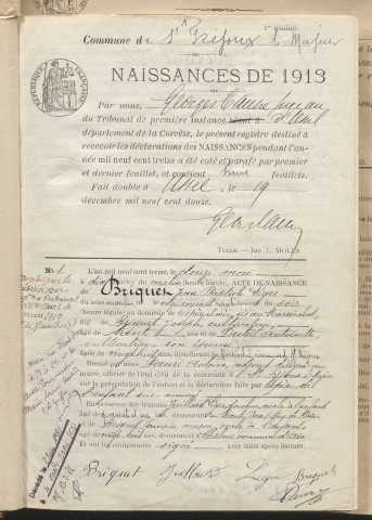 Naissances, mariages, décès (1913-1922).