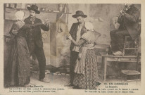 Folklore (scènes de) : "55 - En Corrèze - La bourrée - La bourrée va bien quand on la danse à quatre. La bourrée va bien quand on la danse bien.". texte en limousin.