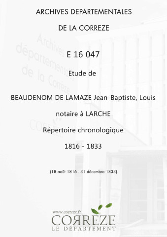Répertoire chronologique : 18 août 1816-31 décembre 1833