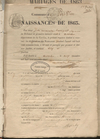 Naissances, mariages, décès (1863-1872)