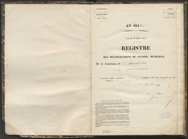Délibérations du conseil municipal. 23 septembre 1849-5 mars 1854