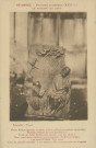 Saint-Angel : "Saint-Angel - Panneau artistique (XVIIe s.) - LE PORTIER QUI DORT - Moine défunt à genoux et mains jointes sollicite son entrée en paradis. Etrange attitude du bon St-Pierre ! C'est un refus douloureux dont le coq est ahuri ! Non, mais après plusieurs nuits blanches, St-Pierre fatigué, s'est assis et dort. Très avisé. Clef du paradis attachée à sa ceinture. On n'entrera pas en surprise".