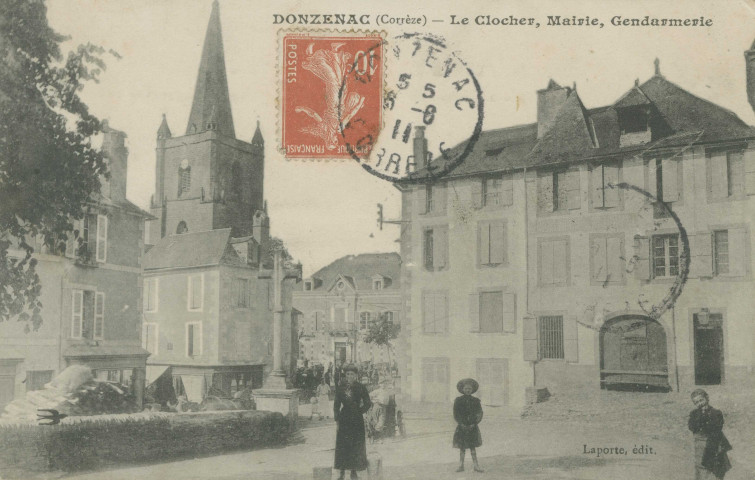 Donzenac : "Donzenac (Corrèze) - Le clocher, mairie, gendarmerie".