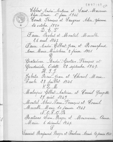 Tables décennales des mariages (1943-1952)