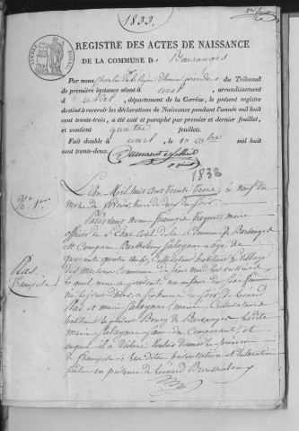 Naissances, mariages, décès (1833-1842)