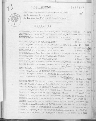 Tables décennales des mariages (1943-1952)