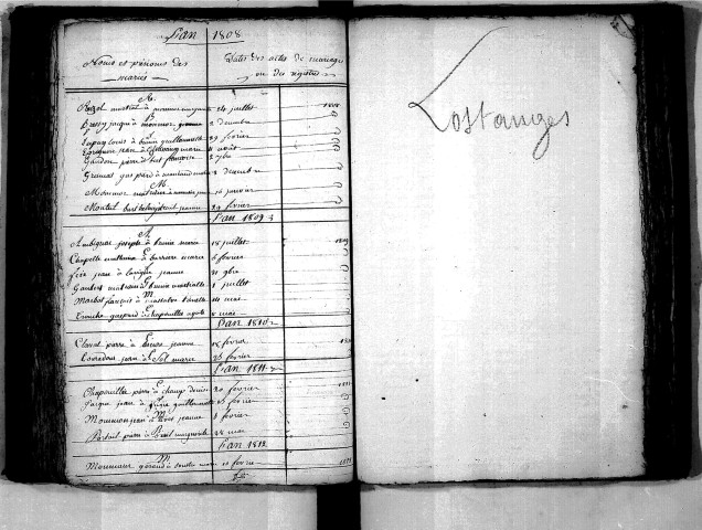 Tables décennales des mariages (1803-1812)