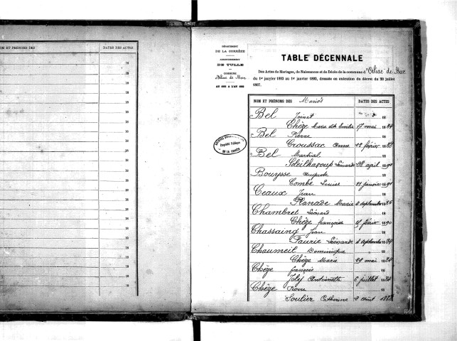 Tables décennales des mariages (1883-1892)