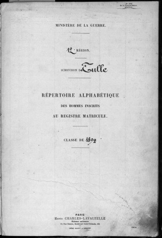 Classe 1892 : table alphabétique.