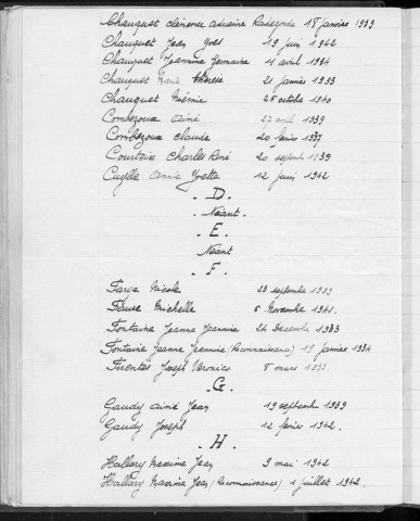 Tables décennales des naissances (1933-1942)