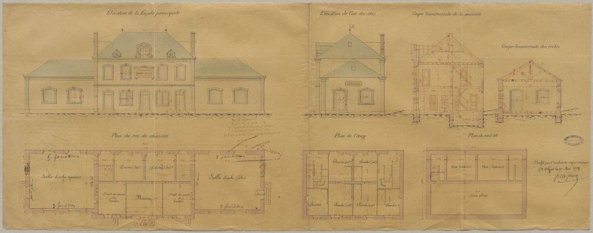 Maison d'école : mobilier, 1837-1900 ; location, 1845-1885 ; construction et travaux d'achèvement, 1879-1889 ; réparations, 1890-1940.