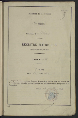 Classe 1884 : matricules 501 à 1000.