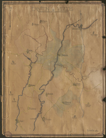 Plan aquarellé du canton de Vigeois. Sans date