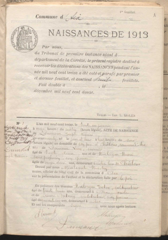 Naissances, mariages, décès (1913-1922).