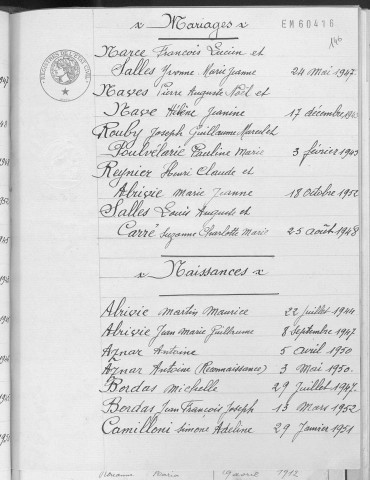Tables décennales des mariages (1943-1952)