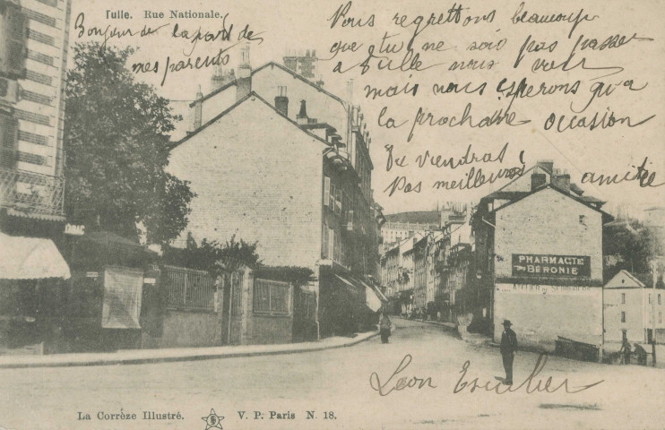 Tulle : "Tulle - Rue nationale. La Corrèze illustré. N.18.". (sic)